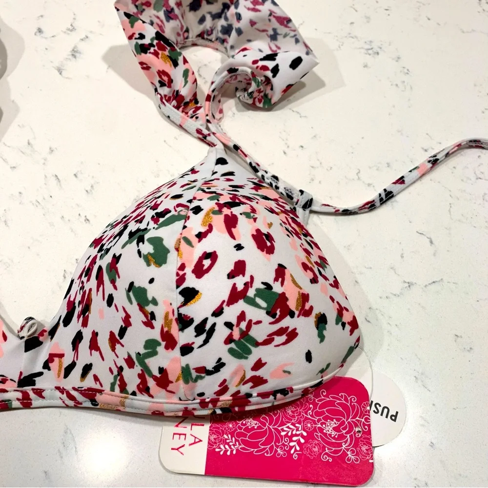 HULA HONEY Push-Up Bikini Top White Pink Large Ruffle Shoulder NWT